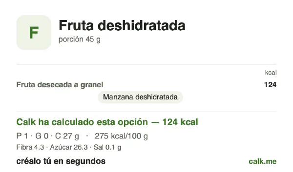 Ficha de Calk, versión menos calórica de Fruta deshidratada: 275 kcal por 100 g, proteínas/grasas/hidratos 2/2/96