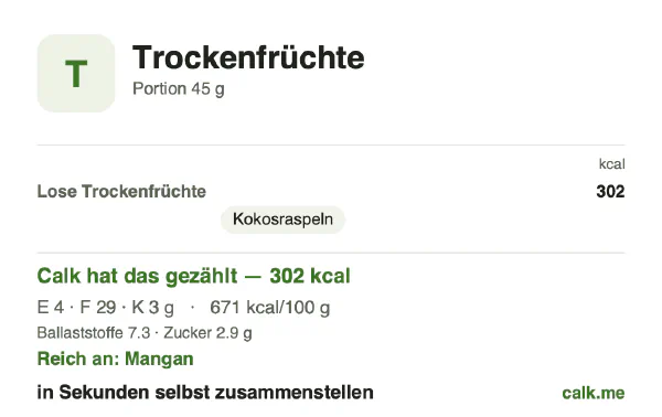 Calk-Karte für die kalorienreichere Variante von Trockenfrüchte: 671 kcal pro 100 g, Eiweiß/Fett/Kohlenhydrate 5/91/4