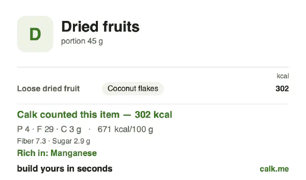 Higher calorie Calk card for Dried fruits: 671 kcal per 100 g, protein/fat/carbs 5/91/4