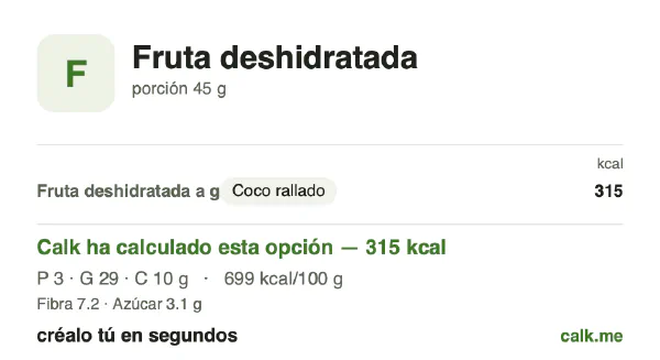 Ficha de Calk, versión más calórica de Fruta deshidratada: 699 kcal por 100 g, proteínas/grasas/hidratos 4/83/13