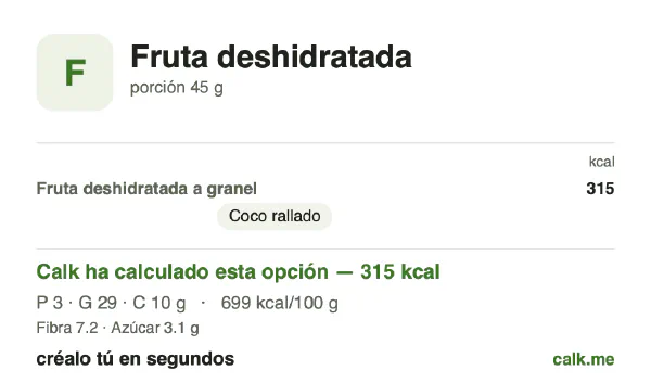 Ficha de Calk, versión más calórica de Fruta deshidratada: 699 kcal por 100 g, proteínas/grasas/hidratos 4/83/13