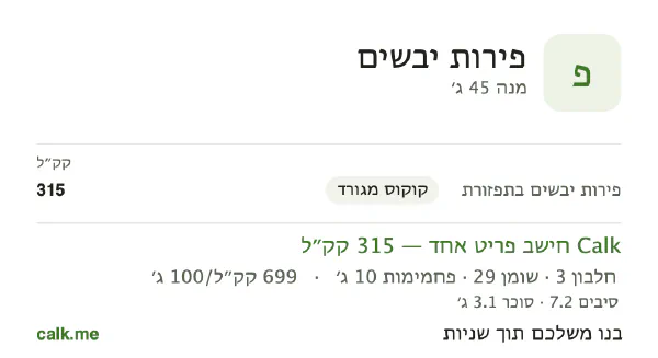 נתוני Calk לפירות יבשים, בגרסה עם יותר קלוריות: 699 קק״ל ל-100 גרם, חלבון/שומן/פחמימות 4/83/13