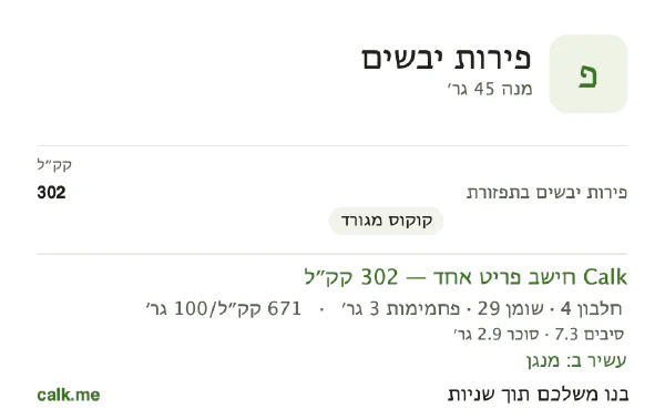 פירות יבשים ב־Calk, עם יותר קלוריות: 671 קק״ל ל־100 גרם, חלבון/שומן/פחמימות 5/91/4