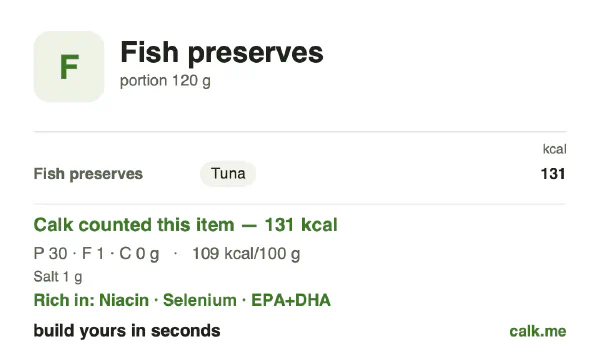 Lower calorie Calk card for Fish preserves: 109 kcal per 100 g, protein/fat/carbs 92/8/0