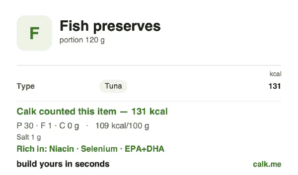 Lower calorie Calk card for Fish preserves: 109 kcal per 100 g, protein/fat/carbs 92/8/0