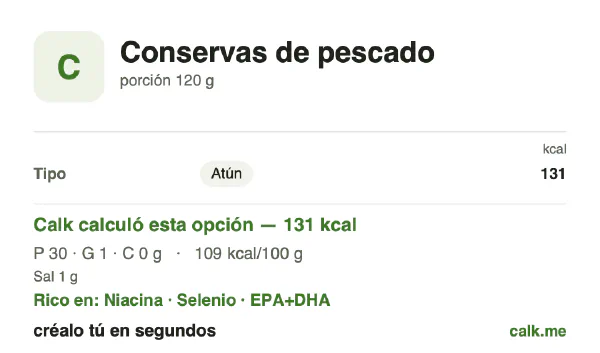 Tarjeta de Calk, versión menos calórica de Conservas de pescado: 109 kcal por 100 g, proteínas/grasas/carbohidratos 92/8/0