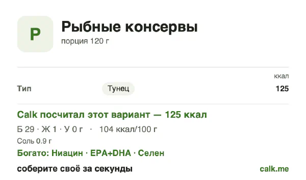 Карточка «Рыбные консервы» в Calk — менее калорийный вариант: 104 ккал на 100 г, белки/жиры/углеводы 92/8/0