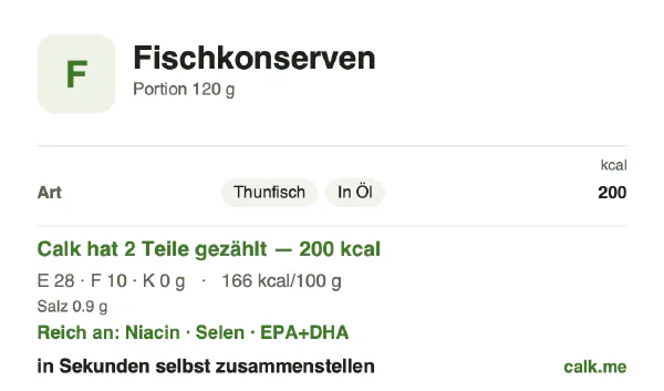 Calk-Karte für die kalorienreichere Variante von Fischkonserven: 166 kcal pro 100 g, Eiweiß/Fett/Kohlenhydrate 55/45/0