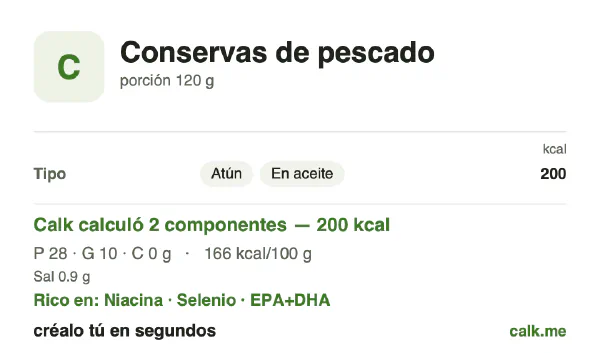 Tarjeta de Calk, versión más calórica de Conservas de pescado: 166 kcal por 100 g, proteínas/grasas/carbohidratos 55/45/0