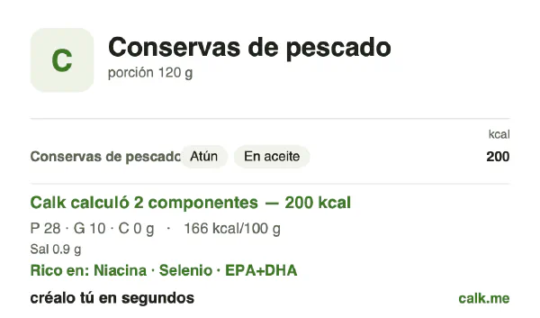 Tarjeta de Calk, versión más calórica de Conservas de pescado: 166 kcal por 100 g, proteínas/grasas/carbohidratos 55/45/0