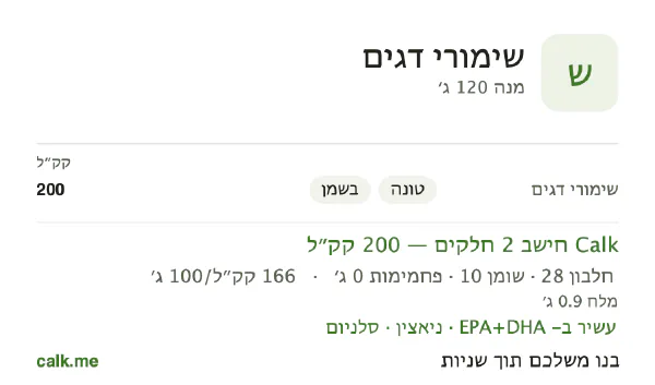 נתוני Calk לשימורי דגים, בגרסה עם יותר קלוריות: 166 קק״ל ל-100 גרם, חלבון/שומן/פחמימות 55/45/0