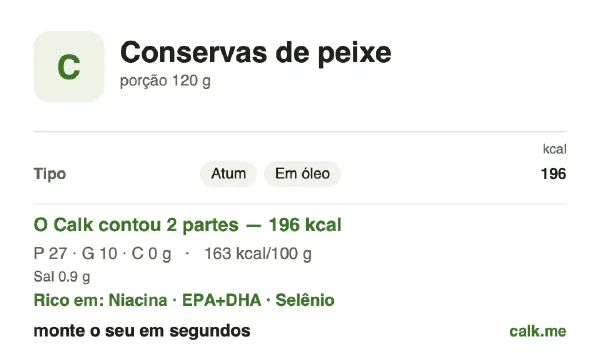 Cartão do Calk para a versão mais calórica de Conservas de peixe: 163 kcal por 100 g, proteína/gordura/carboidratos 54/46/0