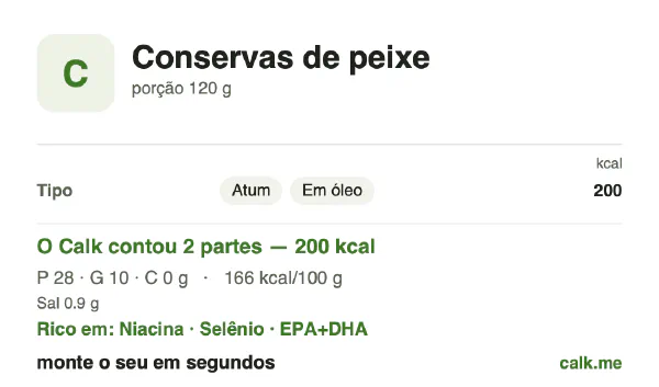 Cartão do Calk para a versão mais calórica de Conservas de peixe: 166 kcal por 100 g, proteína/gordura/carboidratos 55/45/0