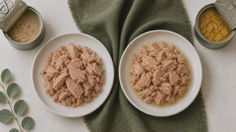 Canned tuna: lower- and higher-calorie Calk versions side by side