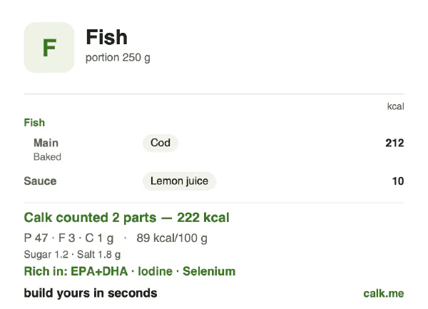 Lower calorie Calk card for Fish: 89 kcal per 100 g, protein/fat/carbs 86/11/2