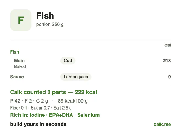 Lower calorie Calk card for Fish: 89 kcal per 100 g, protein/fat/carbs 84/11/5