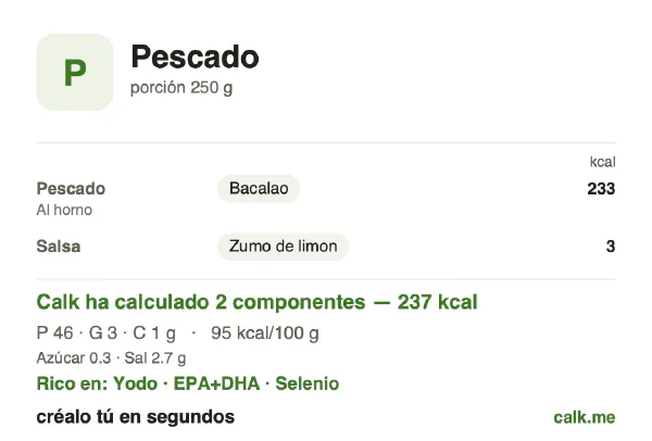 Ficha de Calk, versión menos calórica de Pescado: 95 kcal por 100 g, proteínas/grasas/hidratos 87/11/2