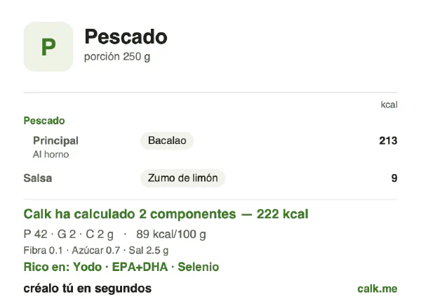 Ficha de Calk, versión menos calórica de Pescado: 89 kcal por 100 g, proteínas/grasas/hidratos 84/11/5