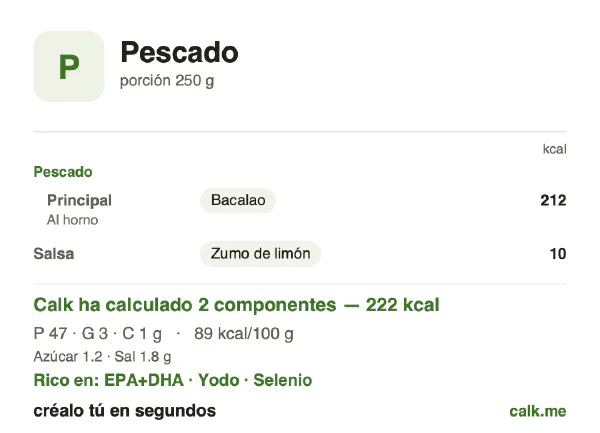 Ficha de Calk, versión menos calórica de Pescado: 89 kcal por 100 g, proteínas/grasas/hidratos 86/11/2