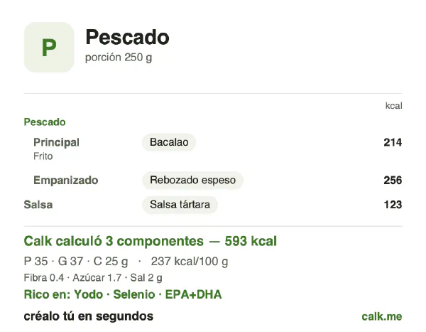Tarjeta de Calk, versión más calórica de Pescado: 237 kcal por 100 g, proteínas/grasas/carbohidratos 24/58/18