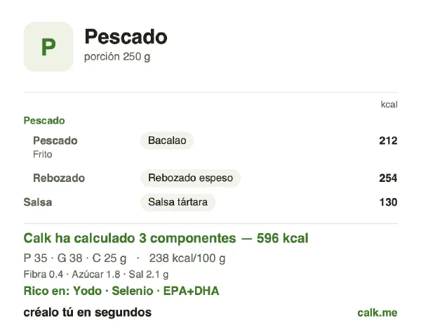 Ficha de Calk, versión más calórica de Pescado: 238 kcal por 100 g, proteínas/grasas/hidratos 24/58/17