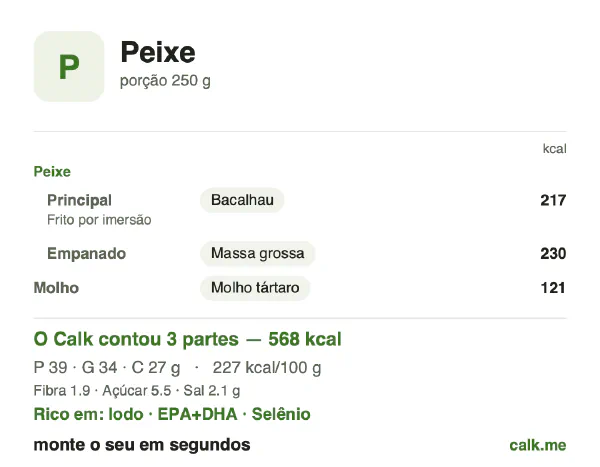 Cartão do Calk para a versão mais calórica de Peixe: 227 kcal por 100 g, proteína/gordura/carboidratos 28/54/19