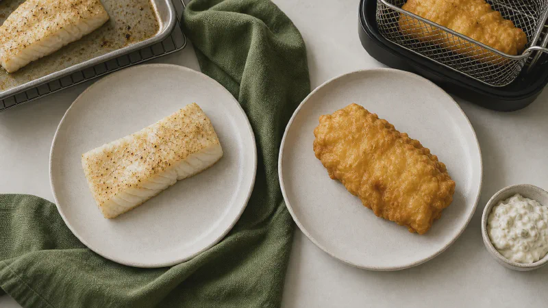 Cod fillet: lower- and higher-calorie Calk versions side by side