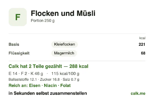 Calk-Karte für die kalorienärmere Variante von Flocken und Müsli: 115 kcal pro 100 g, Eiweiß/Fett/Kohlenhydrate 22/8/70