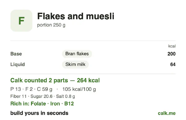 Lower calorie Calk card for Flakes and muesli: 105 kcal per 100 g, protein/fat/carbs 17/5/78