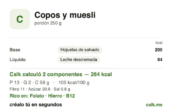 Tarjeta de Calk, versión menos calórica de Copos y muesli: 105 kcal por 100 g, proteínas/grasas/carbohidratos 17/5/78