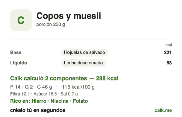 Tarjeta de Calk, versión menos calórica de Copos y muesli: 115 kcal por 100 g, proteínas/grasas/carbohidratos 22/8/70