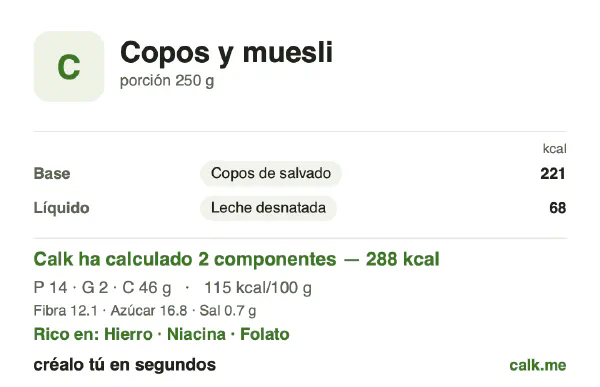 Ficha de Calk, versión menos calórica de Copos y muesli: 115 kcal por 100 g, proteínas/grasas/hidratos 22/8/70
