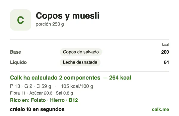 Ficha de Calk, versión menos calórica de Copos y muesli: 105 kcal por 100 g, proteínas/grasas/hidratos 17/5/78
