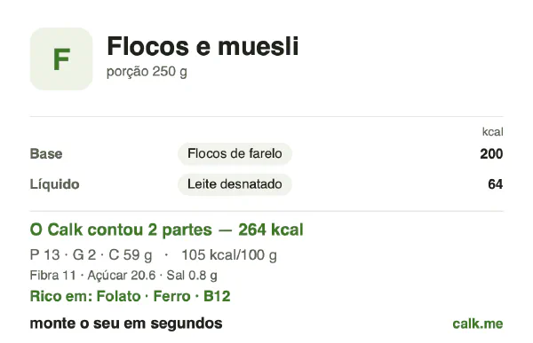 Cartão do Calk para a versão menos calórica de Flocos e muesli: 105 kcal por 100 g, proteína/gordura/carboidratos 17/5/78