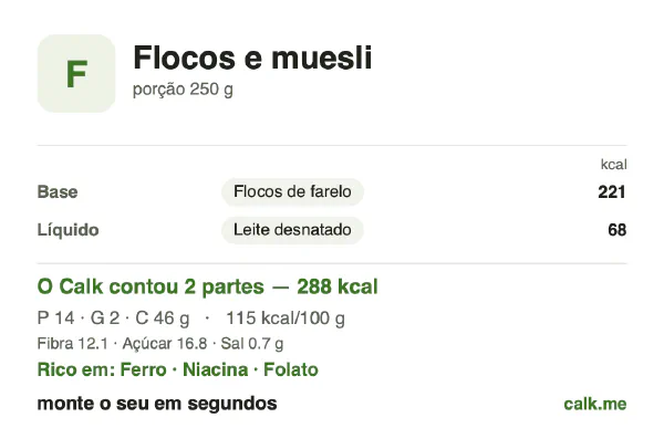 Cartão do Calk para a versão menos calórica de Flocos e muesli: 115 kcal por 100 g, proteína/gordura/carboidratos 22/8/70