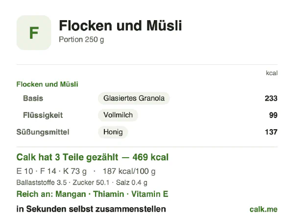 Calk-Karte für die kalorienreichere Variante von Flocken und Müsli: 187 kcal pro 100 g, Eiweiß/Fett/Kohlenhydrate 9/27/64