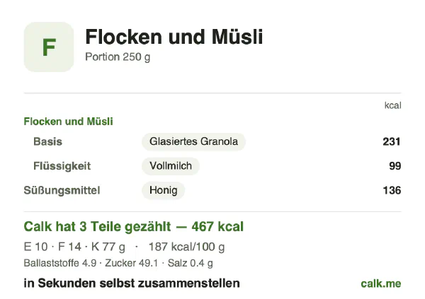 Calk-Karte für die kalorienreichere Variante von Flocken und Müsli: 187 kcal pro 100 g, Eiweiß/Fett/Kohlenhydrate 9/27/64