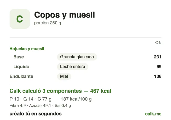 Tarjeta de Calk, versión más calórica de Copos y muesli: 187 kcal por 100 g, proteínas/grasas/carbohidratos 9/27/64