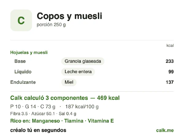 Tarjeta de Calk, versión más calórica de Copos y muesli: 187 kcal por 100 g, proteínas/grasas/carbohidratos 9/27/64