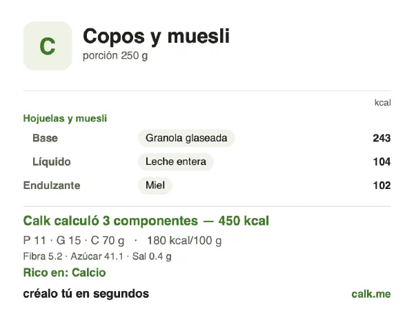 Tarjeta de Calk, versión más calórica de Copos y muesli: 180 kcal por 100 g, proteínas/grasas/carbohidratos 9/30/61