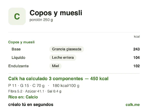 Ficha de Calk, versión más calórica de Copos y muesli: 180 kcal por 100 g, proteínas/grasas/hidratos 9/30/61