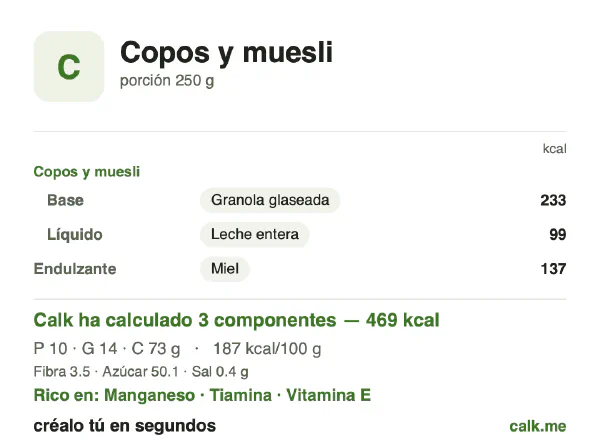 Ficha de Calk, versión más calórica de Copos y muesli: 187 kcal por 100 g, proteínas/grasas/hidratos 9/27/64