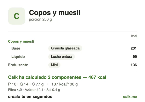 Ficha de Calk, versión más calórica de Copos y muesli: 187 kcal por 100 g, proteínas/grasas/hidratos 9/27/64