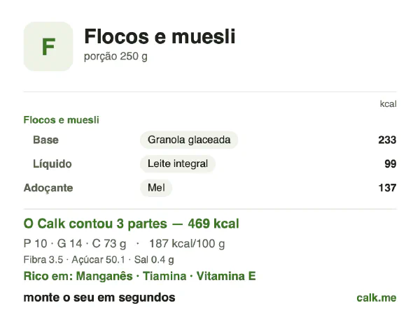 Cartão do Calk para a versão mais calórica de Flocos e muesli: 187 kcal por 100 g, proteína/gordura/carboidratos 9/27/64