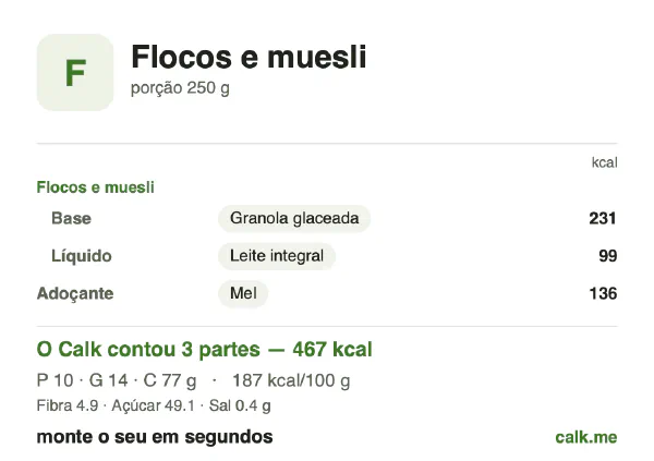 Cartão do Calk para a versão mais calórica de Flocos e muesli: 187 kcal por 100 g, proteína/gordura/carboidratos 9/27/64