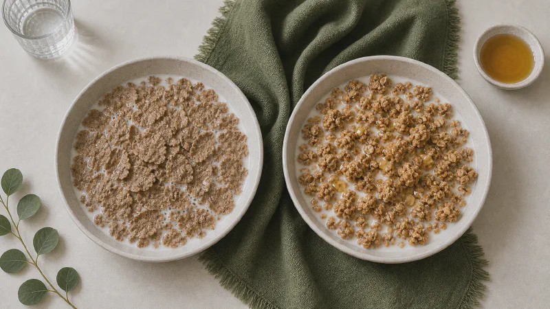 Breakfast cereal bowl: lower- and higher-calorie Calk versions side by side