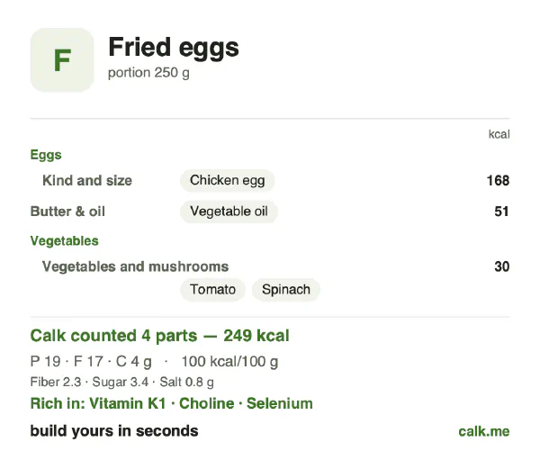 Lower calorie Calk card for Fried eggs: 100 kcal per 100 g, protein/fat/carbs 31/64/6
