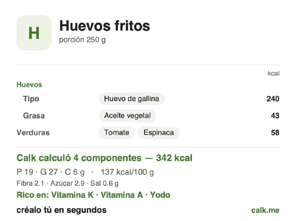 Tarjeta de Calk, versión menos calórica de Huevos fritos: 137 kcal por 100 g, proteínas/grasas/carbohidratos 22/71/7