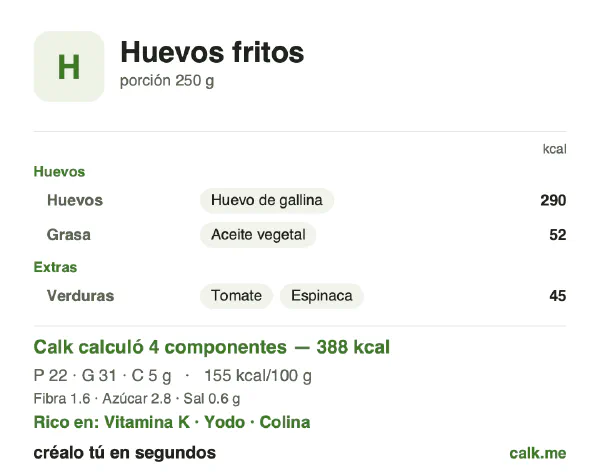 Tarjeta de Calk, versión menos calórica de Huevos fritos: 155 kcal por 100 g, proteínas/grasas/carbohidratos 23/72/5
