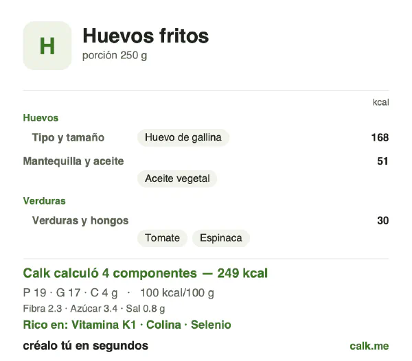 Tarjeta de Calk, versión menos calórica de Huevos fritos: 100 kcal por 100 g, proteínas/grasas/carbohidratos 31/64/6
